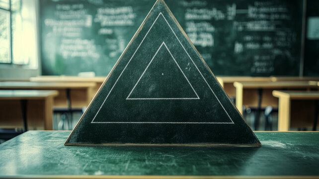 Triangle drawing on chalkboard in an empty classroom.