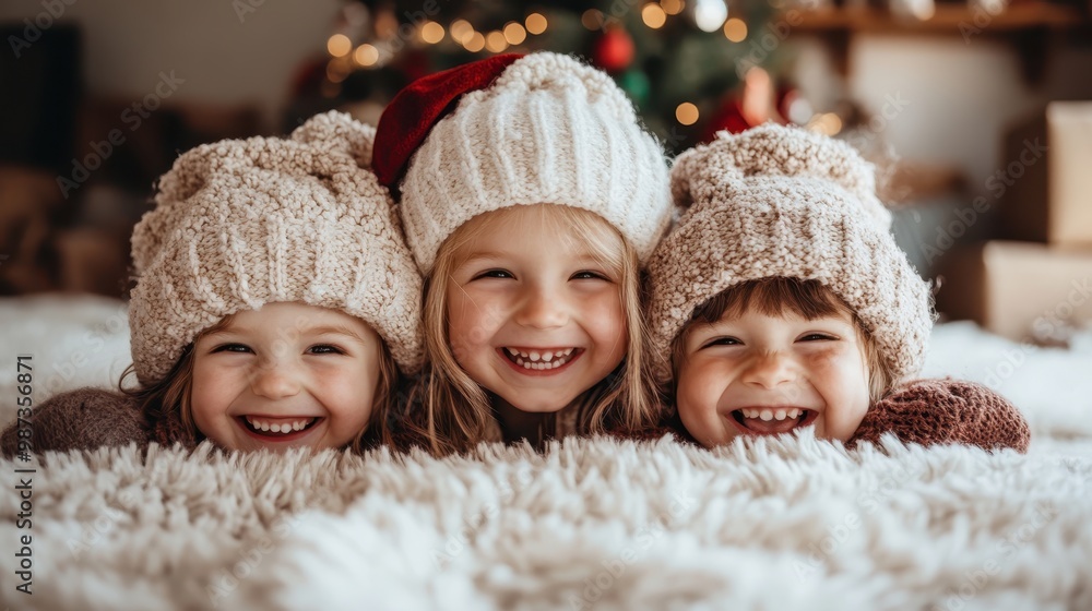 Wall mural three children smile warmly, snuggled close together in cozy winter hats, radiating happiness and ca