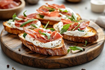 Bruschetta with prosciutto bacon and cream cheese on wooden plate , ai