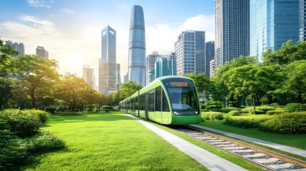 Obraz premium Green tram in cityscape with modern buildings
