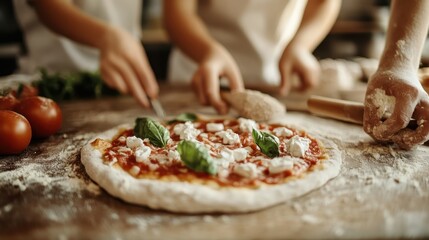 Individuals work together to prepare a fresh pizza on a flour-dusted table, placing toppings and showcasing teamwork in cooking, reflecting a sense of community and creativity.