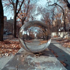 A reflective glass sphere placed on a concrete surface in an autumn setting, showcasing a unique view of the tree-lined pathway and fallen leaves