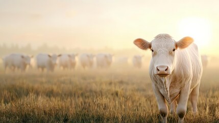 Obraz premium A serene scene featuring a curious cow in a sunlit pasture, surrounded by others, embodying peaceful rural life.