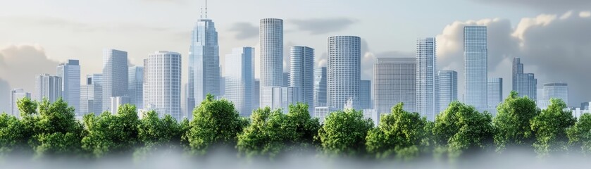 Fototapeta premium Environmental impact pollution concept. A stunning urban skyline surrounded by lush greenery.