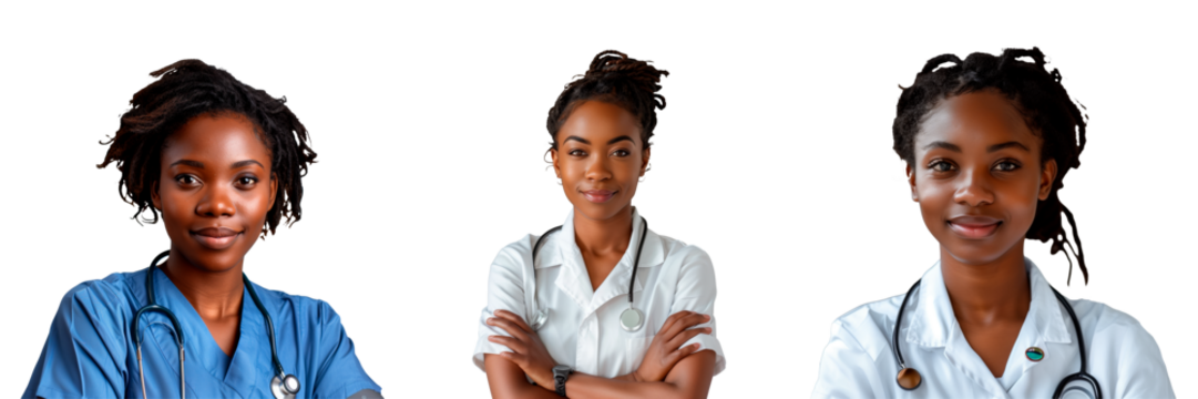 A set of female veterinarian holding a dog in her hands on a white or transparent background. Close-up of an African American veterinarian, wearing a special uniform.