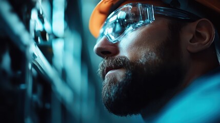 A stylized and abstract representation of an individual working amidst the cables and machinery of a server room, emphasizing the modern technological environment.