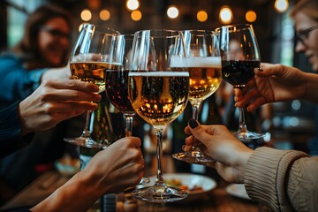 Group Celebration with Toasting Wine Glasses at Night - Festive Gathering Concept