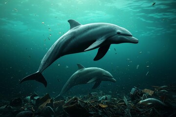 Fototapeta premium Two dolphins swim gracefully through a serene underwater scene, showcasing the beauty of marine life amidst ocean debris.