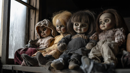 Fototapeta premium Creepy vintage dolls, haunted and eerie atmosphere
