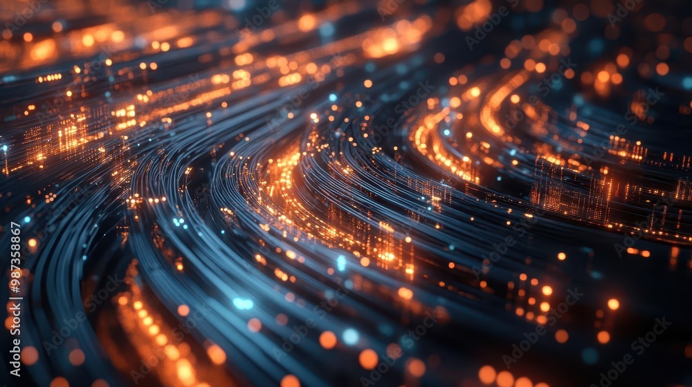 Poster futuristic data center with glowing fiber optic cables forming intricate neural network pulsing with