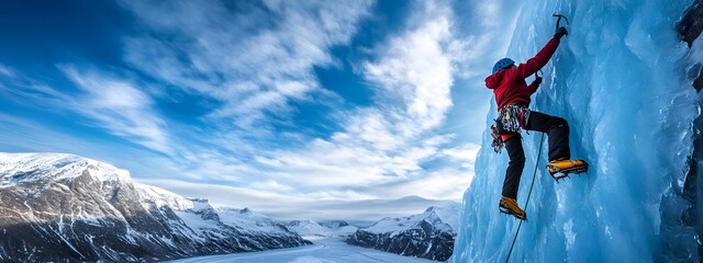 Ice climbing, climbing on an ice wall, blue sky with white clouds