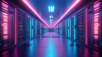 Fototapeta premium futuristic data center server room with glowing neon lights and hightech equipment racks cyberpunk inspired 3d render