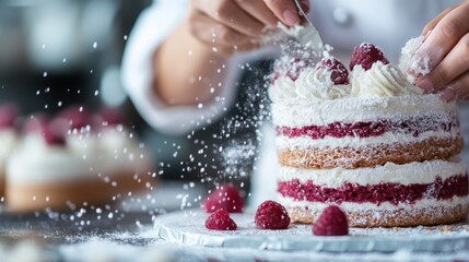 A chef masterfully garnishes a layered cake with fresh raspberries and icing, the dessert taking shape beautifully in a professional kitchen, highlighting precision and artistry in dessert making.