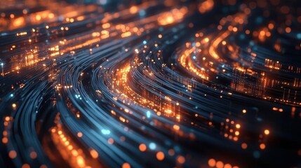 futuristic data center with glowing fiber optic cables forming intricate neural network pulsing with information flow