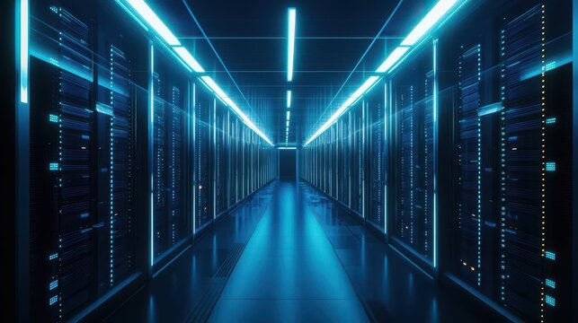 futuristic data center interior rows of sleek server racks glowing blue led lights reflective surfaces hightech network infrastructure