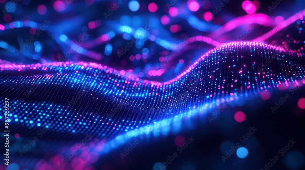 Poster futuristic data stream visualized as interwoven luminous threads 3d cyberspace landscape neon blues 