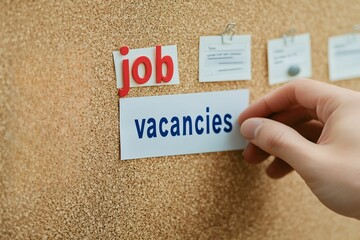 A hand placing a job vacancies sign on a cork bulletin board, highlighting available job positions, recruitment opportunities, and employment notices.