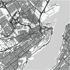 Map of Quebec City center in Canada in grayscale. Contains layered vector with roads water, parks, etc.