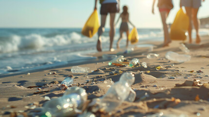 Community members collaborating to remove litter from the beach