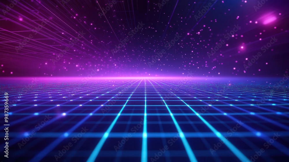 Aufkleber futuristic digital landscape neon purple and cyan grid lines converging to horizon glowing particles