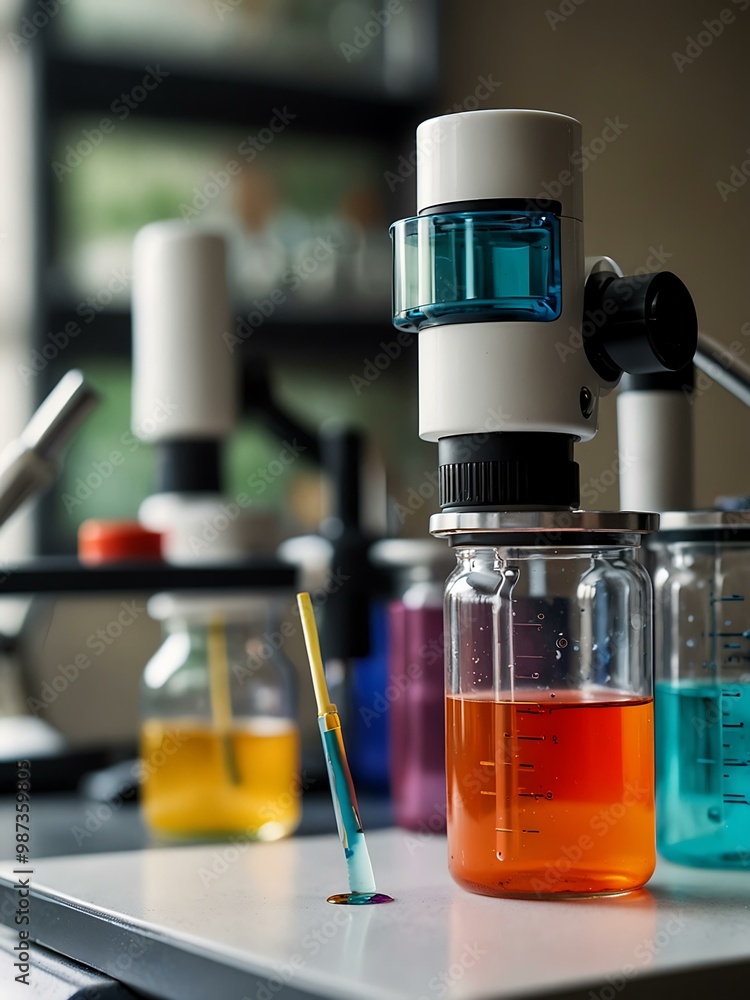 Poster colorful lab setup featuring a microscope and test tubes.