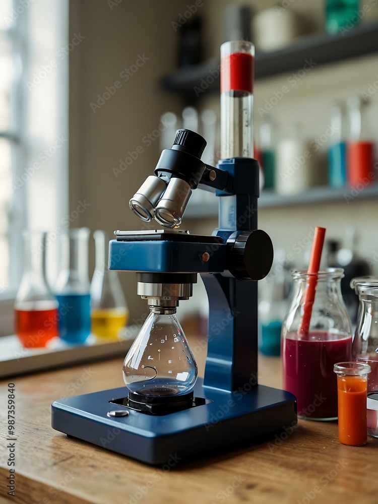 Poster colorful lab setup featuring a microscope and test tubes.