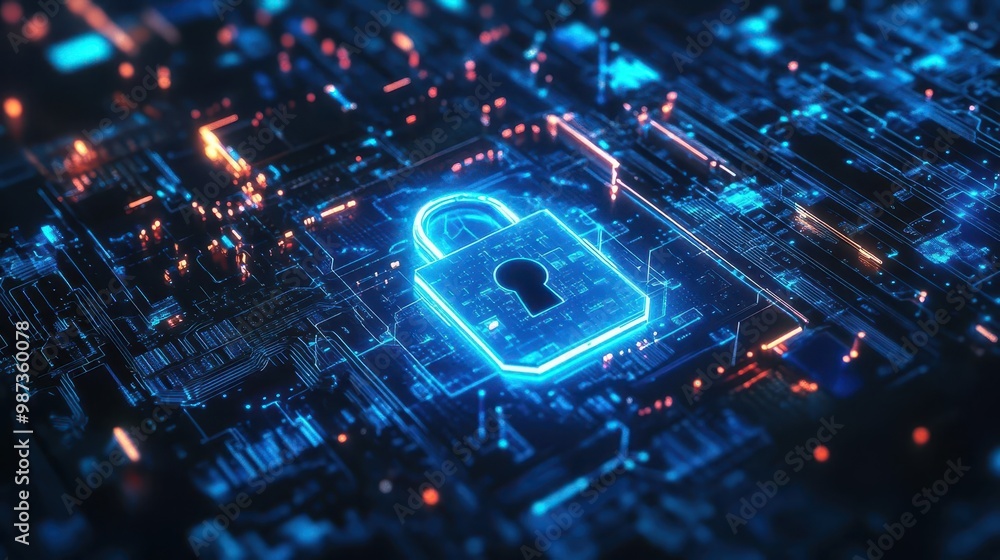 Poster futuristic digital lock icon floating over circuit board deep blue tech background cybersecurity con