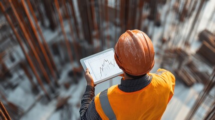 The image depicts a construction worker in an orange vest and helmet, standing on a construction site, using a tablet to review data, illustrating the integration of technology in construction.