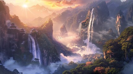 Fototapeta premium An awe-inspiring high-definition image of Mount Lu, resembling a beautiful painting scroll, shrouded in clouds and mist. 