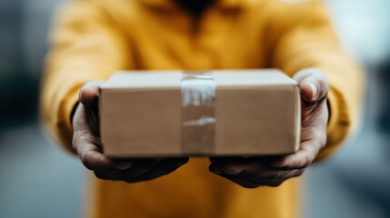 A close-up view of a person in yellow clothing holding a small brown package secured with transparent tape, with an outdoor background slightly out of focus.