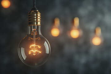Bulbs hanging from the ceiling glow with a yellow light. Contrasting with the dark gray background.