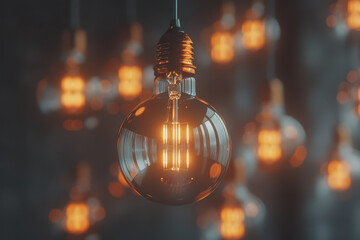 Bulbs hanging from the ceiling glow with a yellow light. Contrasting with the dark gray background.