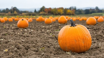 A lively pumpkin patch filled with pumpkins, cornfields, and mountains in the background
