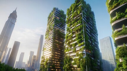 Obraz premium futuristic ecocity with towering skyscrapers covered in lush vertical gardens sustainable architecture seamlessly blends nature and urban living creating a harmonious green metropolis