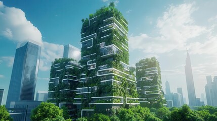 futuristic ecocity with towering vertical gardens sustainable architecture blending seamlessly with lush greenery clean energy infrastructure visible