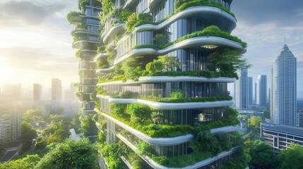 futuristic ecocity with vertical gardens and renewable energy sustainable transport clean air harmonious design