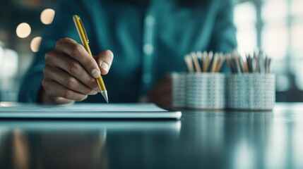 A close-up of a hand holding a yellow pencil, writing on a sheet of paper in an office setting, showcasing the traditional method of jotting down notes or important information at work.
