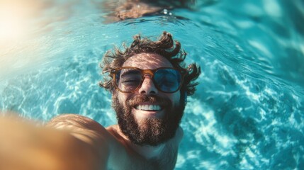 Fototapeta premium A bearded man with sunglasses beams cheerfully underwater, showcasing an adventurous spirit and love for aquatic escapades in the clear blue ocean.
