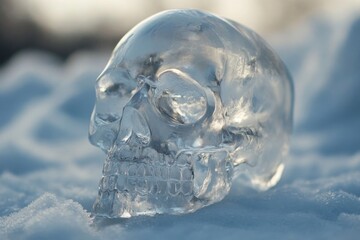 A Transparent Ice Skull Resting on a Snowy Surface