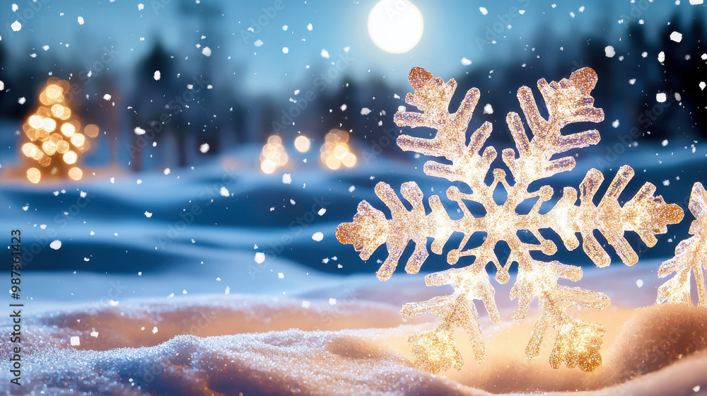 Poster glittering snowflake resting on soft snow with blurred christmas tree lights and a full moon in the 