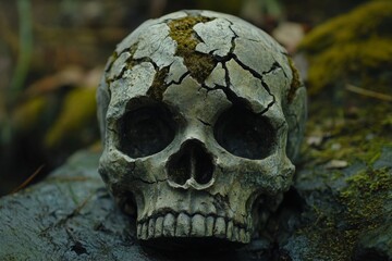 Cracked Human Skull Covered in Moss