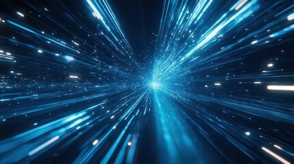 futuristic energy visualization vibrant blue light rays and stripes streak across a dark background conveying speed and motion digital abstract concept with a scifi atmosphere
