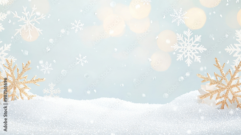 Poster snowflakes and shimmering sequins on a soft white blanket of snow, creating a winter wonderland atmo