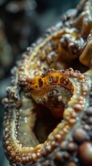 Fototapeta premium A close-up, highly detailed macro photograph depicting the intricate textures, patterns, and organic forms of an octopus tentacle, showcasing its suction cups and natural colors