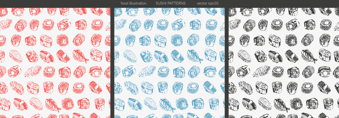 Asian food seamless pattern set with different types of sushi, sashimi and rolls with salmon fish, caviar, nori, rice, crab, prawn.