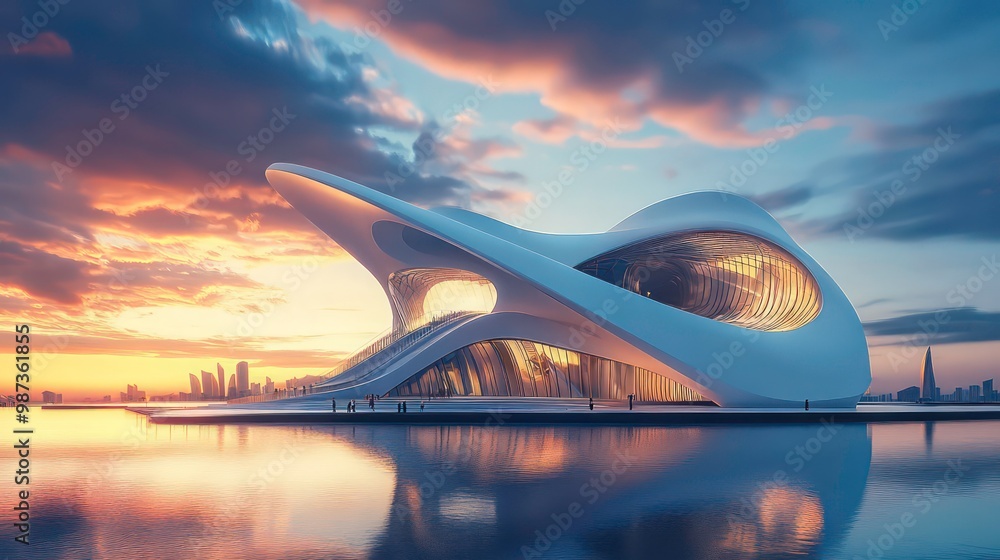 Poster futuristic architecture with a curved design on a waterfront with a city skyline in the background.