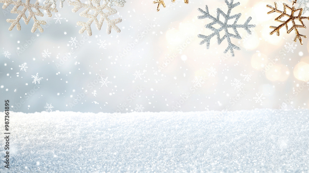 Poster snowflakes falling over a sparkling white surface, creating a serene winter atmosphere with a gentle