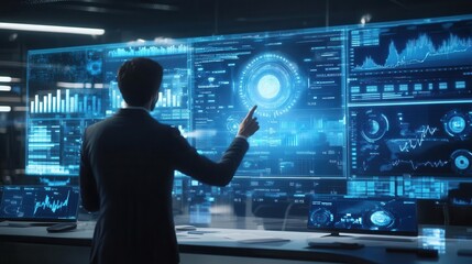 futuristic financial analysis holographic screens floating in hightech office ai assistant projecting 3d charts businessman manipulating data with gesture controls