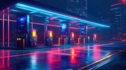 futuristic gas station with holographic interface sleek nozzles emitting iridescent fuel streams neonlit pumps against a cityscape backdrop cyberpunk aesthetic with vibrant energy trails