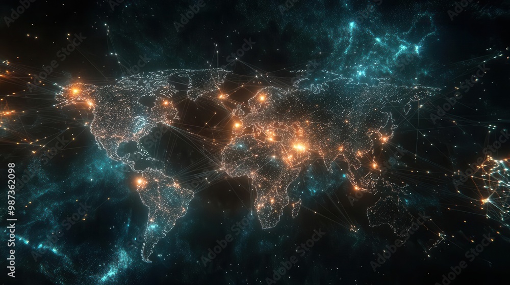 Poster futuristic global network visualization with glowing connection lines abstract world map formed by d
